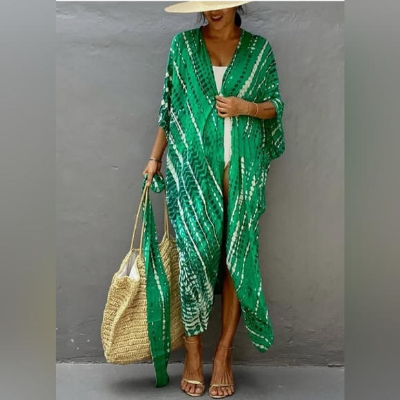 2/$50 1 Bohemian Belted Green Black Tie-Dye Preppy Clueless Kimono (#1,346) - Picture 1 of 9